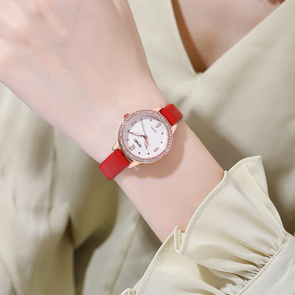 Elegant Women Wristwatch with Sparkling Rhinestone Bezel and Textured Strap