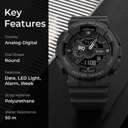 Men's Digital Sports Watch, LED Square Large Face Analog Quartz Wrist Watch with Multi-Time Zone Waterproof Stopwatch