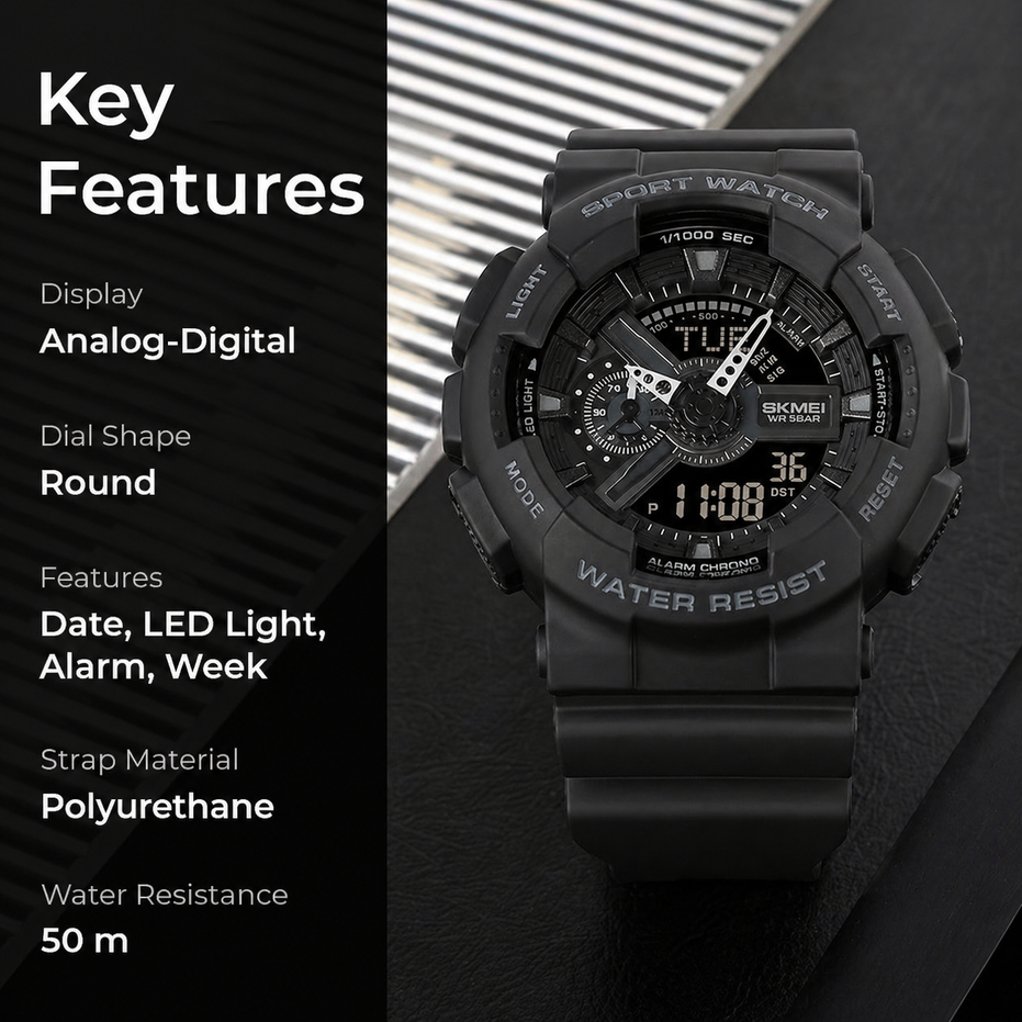 Analog-Digital Watch for Men with Black Polyurethane Strap and Round Dial for Casual & Formal Wear