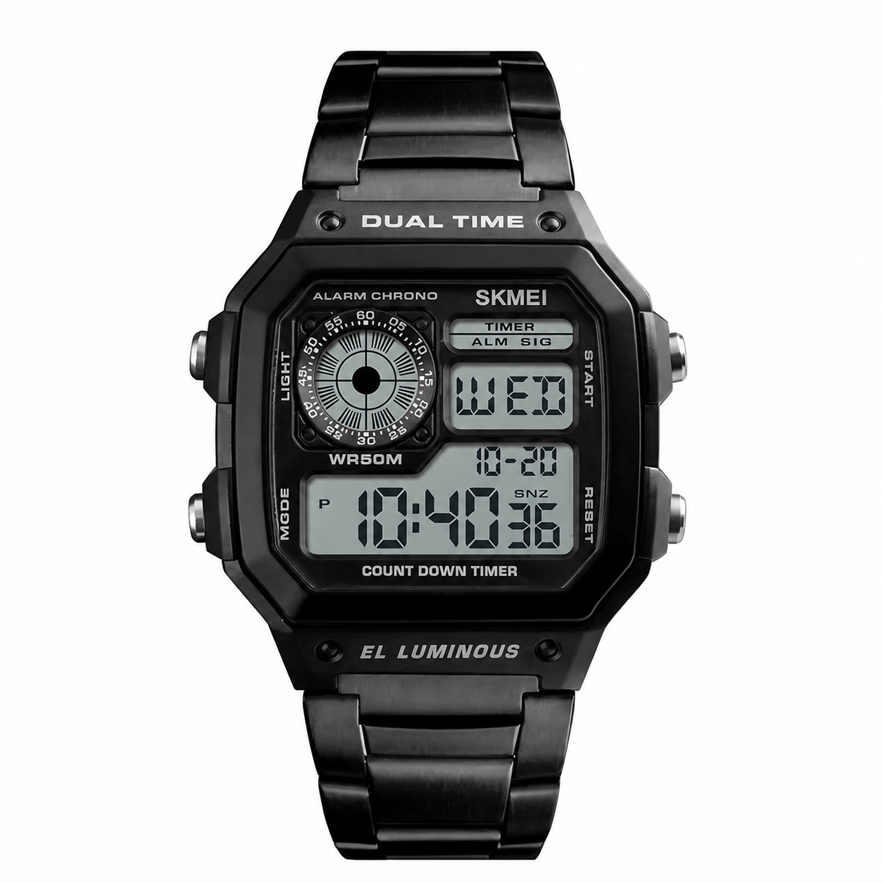 Premium Digital Watch for Men with Square Dial Dual Time Alarm Stopwatch and Metal Strap