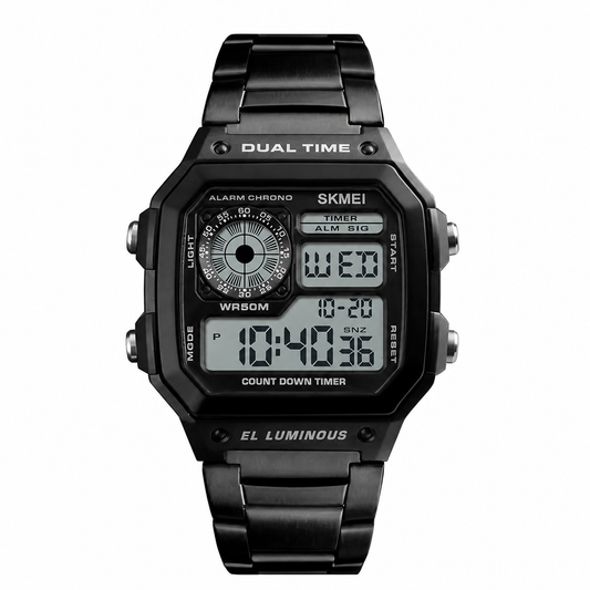 Premium Digital Watch for Men with Square Dial Dual Time Alarm Stopwatch and Metal Strap