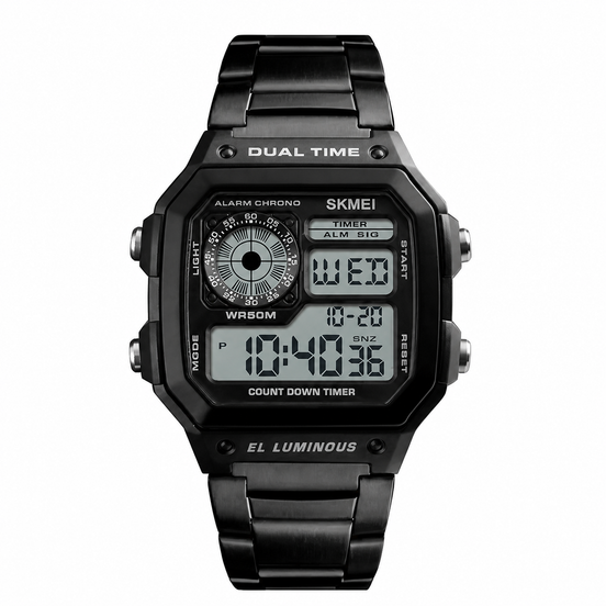 Digital Watch for Men with Black Stainless Steel Strap and Round Dial for Casual & Formal Wear