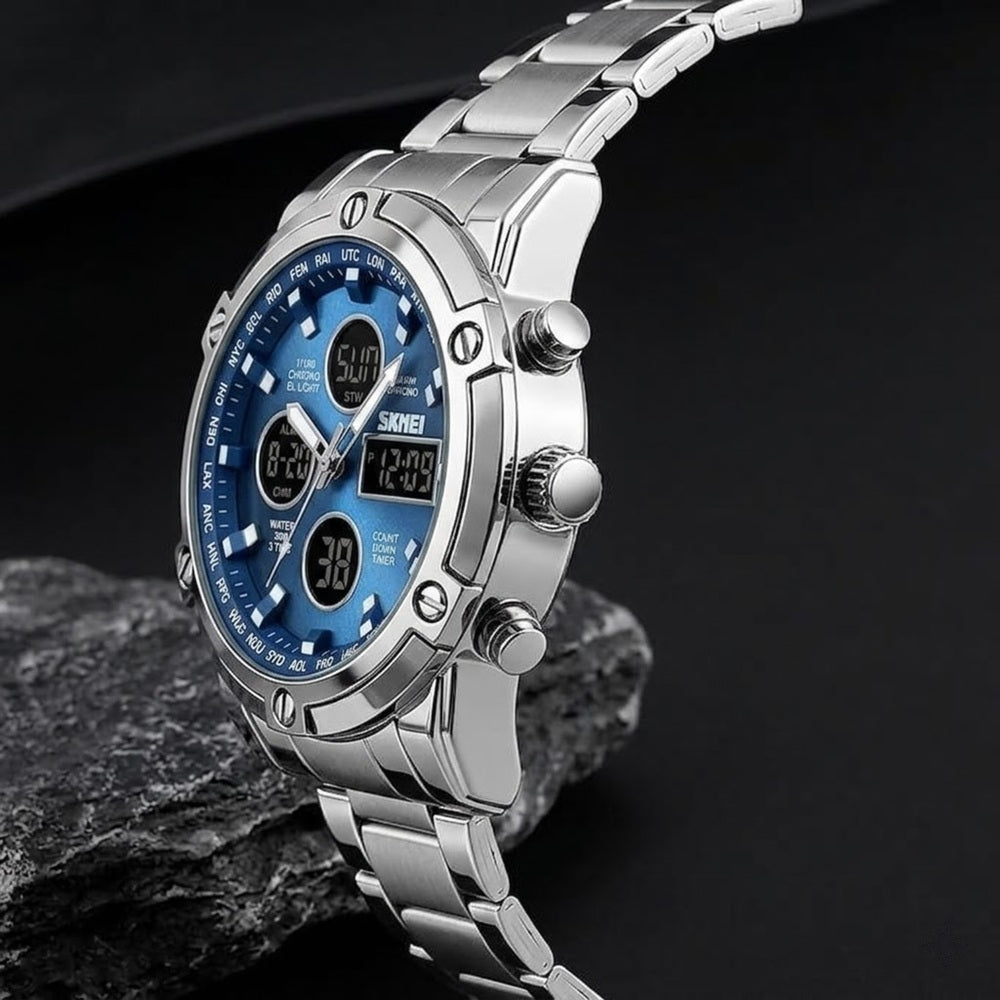 Luxury Analog Digital Stainless Steel Watch for Men with Dual Time Display and Premium Business Style