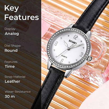 Elegant Women Wristwatch with Sparkling Rhinestone Bezel and Textured Strap