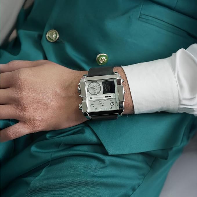 Multi Display Analog Digital Wrist Watch with Leather Strap For Men