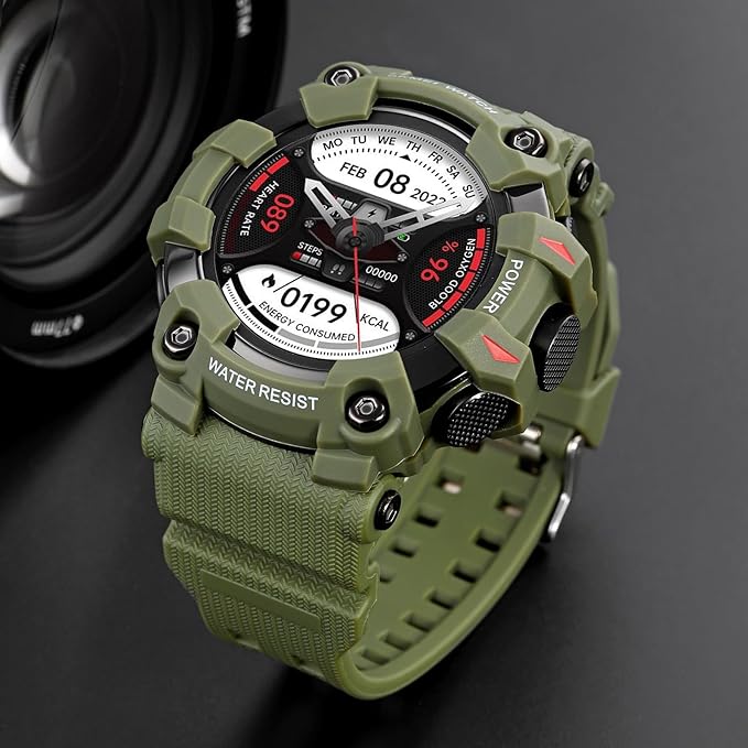 Military Smartwatch - Army Green Bluetooth Call & Health Tracker