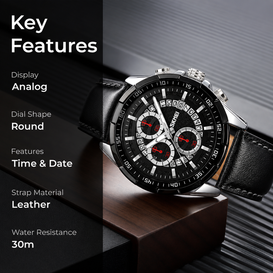 Analog Watch for Men with Black Leather Strap and Round Dial for Casual & Formal Wear