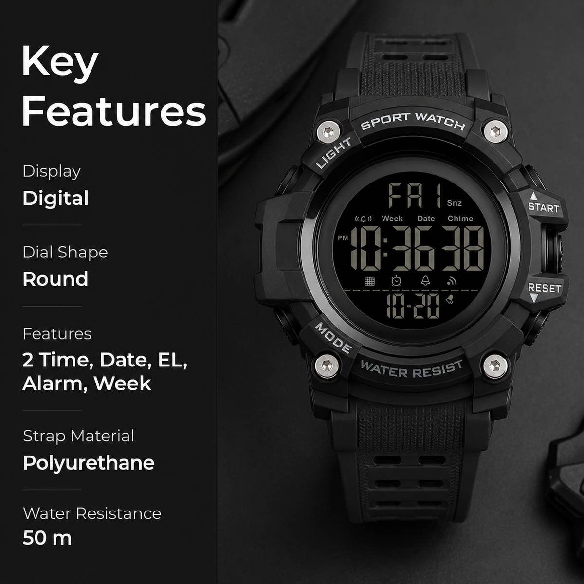 Digital Watch for Kids with Black Polyurethane Strap and Round Dial for Casual & Formal Wear