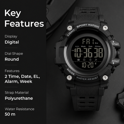 Rugged Digital Sports Watch for Men with Dual Time Display, Alarm, LED Light and Outdoor Style Strap