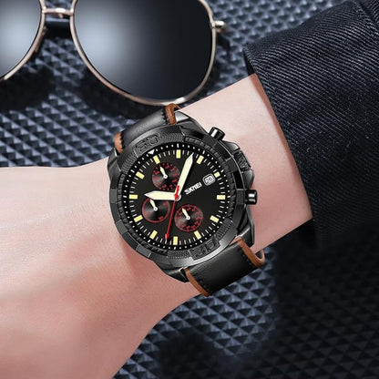 Men Quartz Watch Six Pointer Popular Leather Strap Waterproof Watch