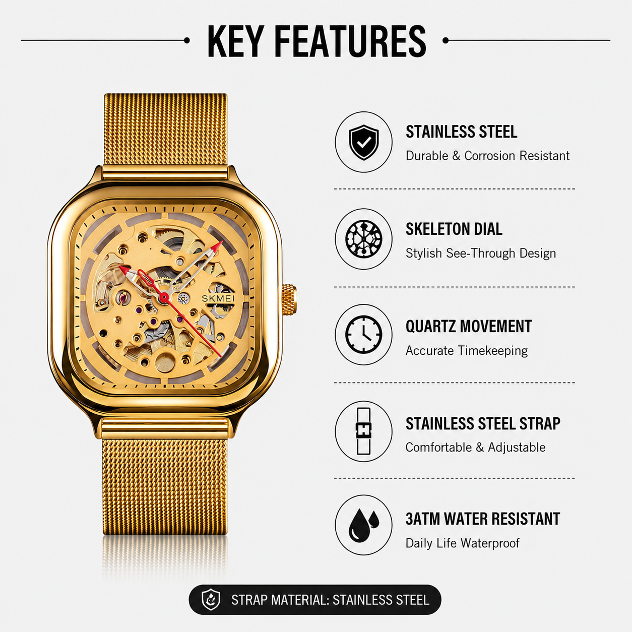 Skeleton Automatic Mechanical Watch for Men with Square Dial and Mesh Strap
