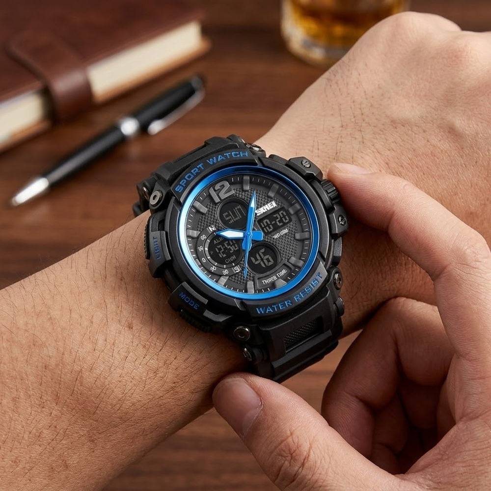 Rugged Dual Display Sports Wrist Watch with Resin Strap For Men