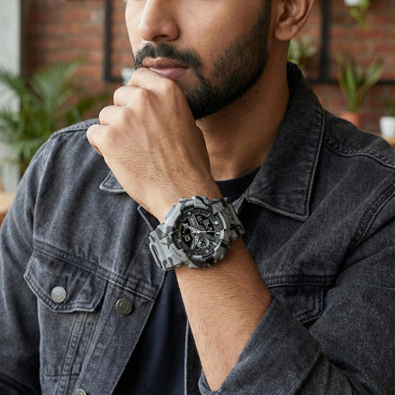 Analog-Digital Watch for Men with Grey Camoflage Silicone Strap and Round Dial for Casual & Formal Wear