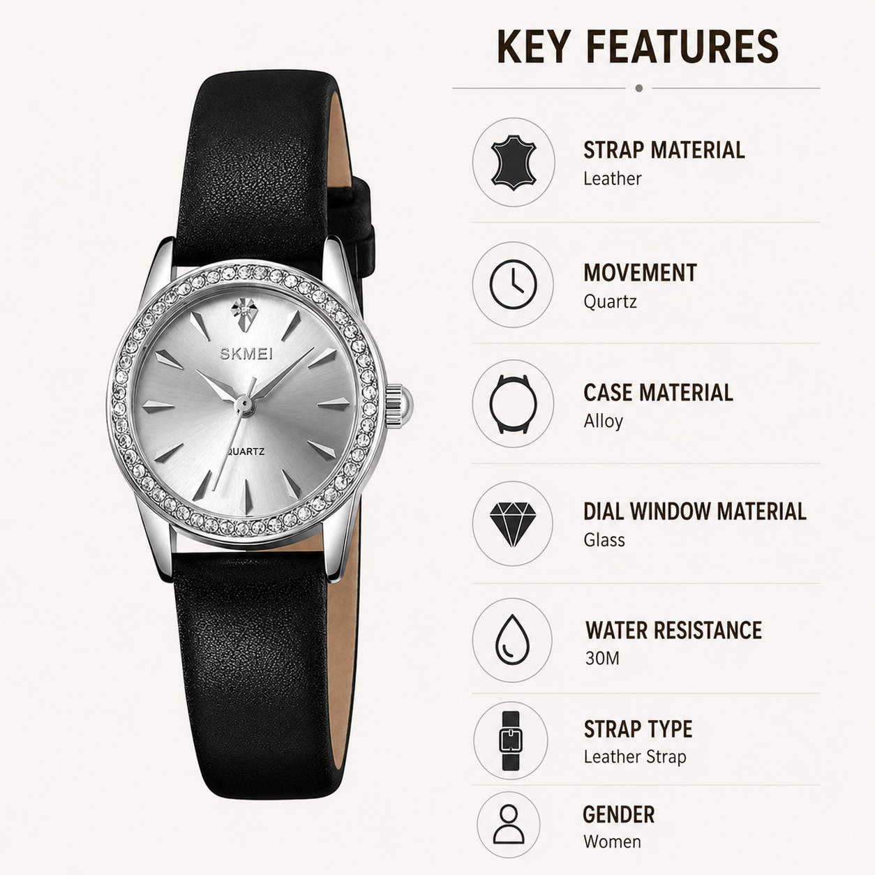 Elegant Crystal Dial Analog Wrist Watch with Leather Strap for women