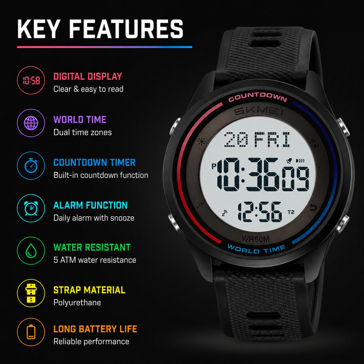Digital Sports Wrist Watch with Silicone Strap for men