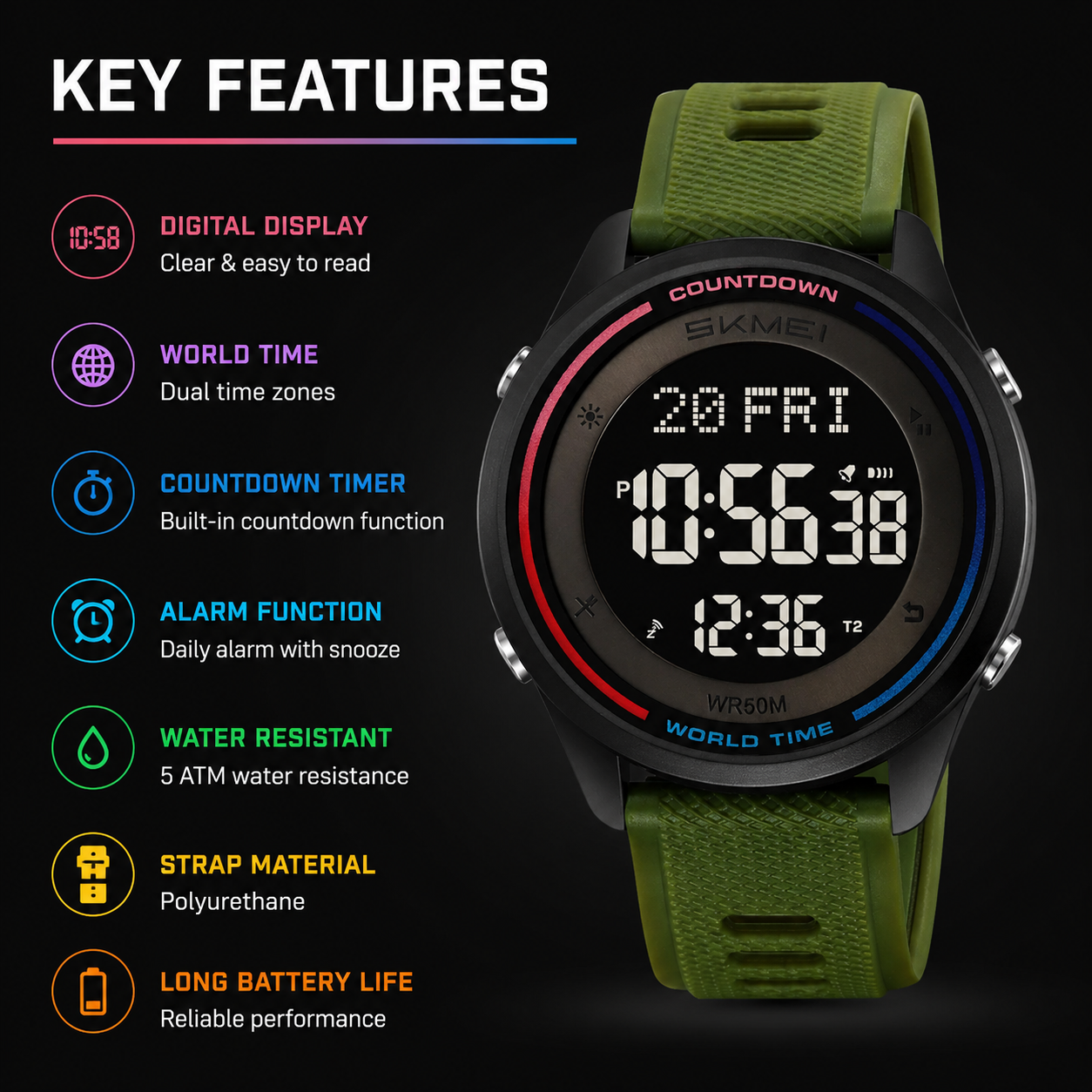 Digital Sports Wrist Watch with Silicone Strap for men