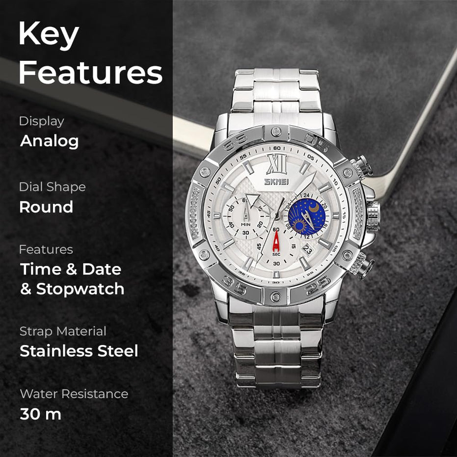 Analog Watch for Men with Silver Stainless Steel Strap and Round Dial for Casual & Formal Wear