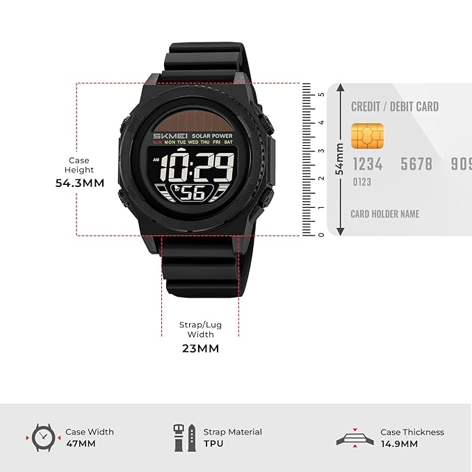 Skmei Solar Digital Black Dial ABS Case TPU Strap Watch for Men - 2358