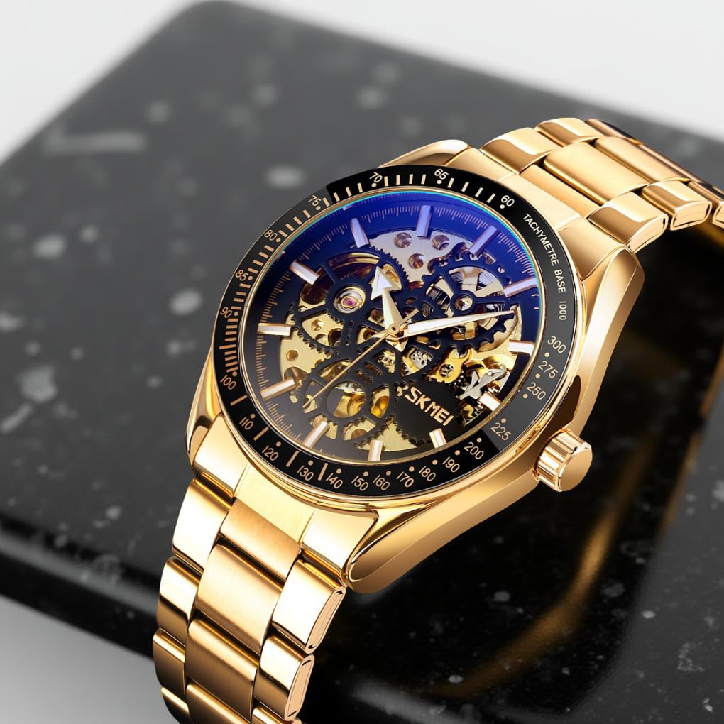 Luxury Skeleton Analog Wrist Watch with Metal Strap For Men