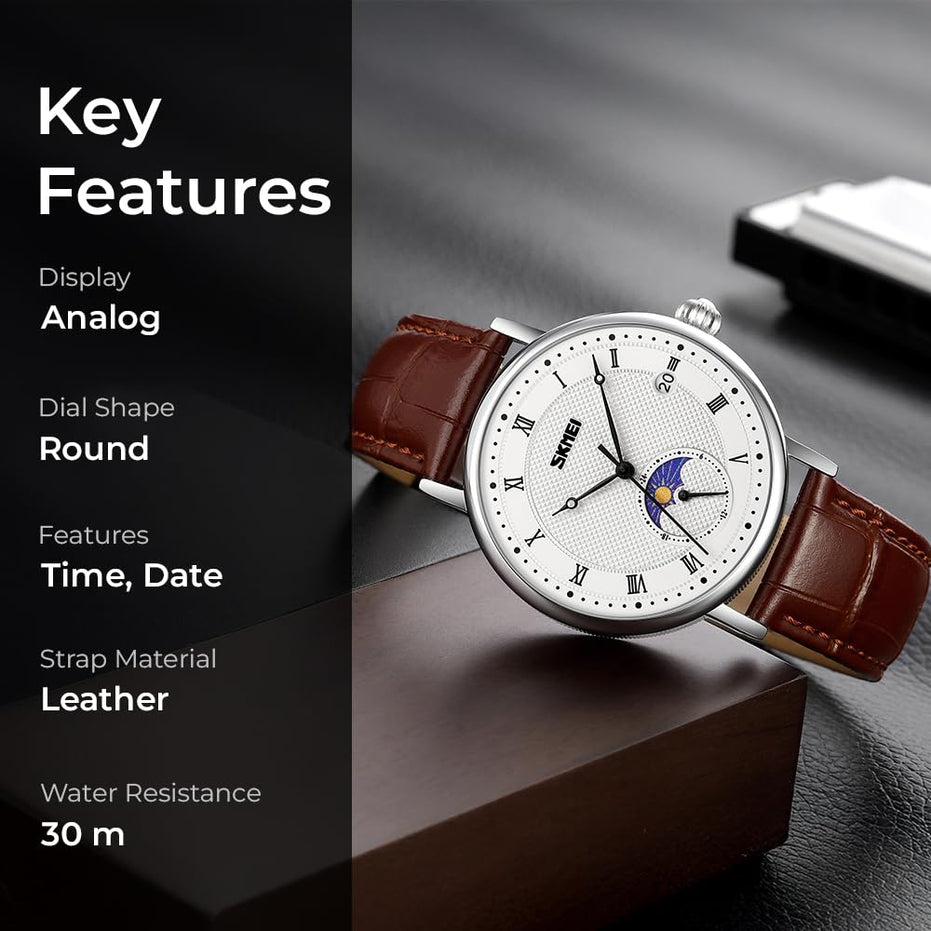 Analog Watch for Men with Brown Silver Leather Strap and Round Dial for Casual & Formal Wear
