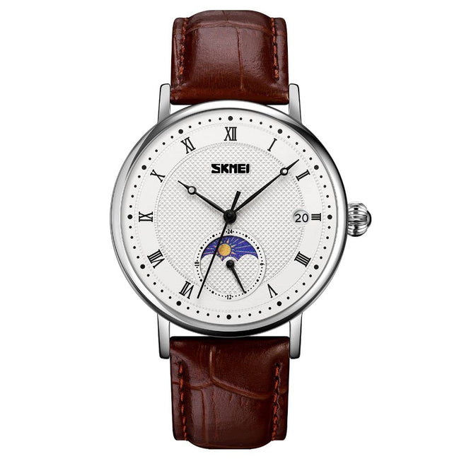 Analog Watch for Men with Brown Silver Leather Strap and Round Dial for Casual & Formal Wear