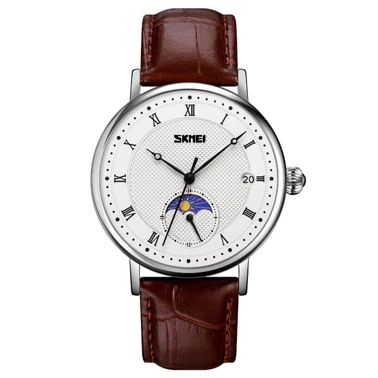 Analog Watch for Men with Brown Silver Leather Strap and Round Dial for Casual & Formal Wear