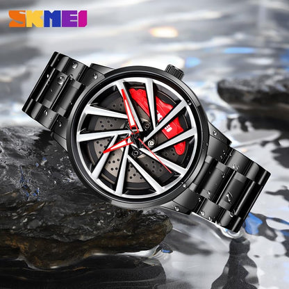 SKMEI Stainless Steel Men Analogue Watch New Wheels Rolling Creative Fashion Che Youhui League Fans Butterfly Double Snap Gift Wristwatch - 1990, Grey Dial, Black Band