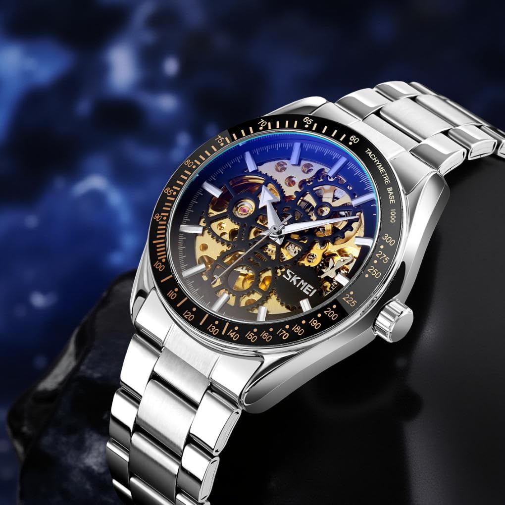 Luxury Skeleton Analog Wrist Watch with Metal Strap For Men
