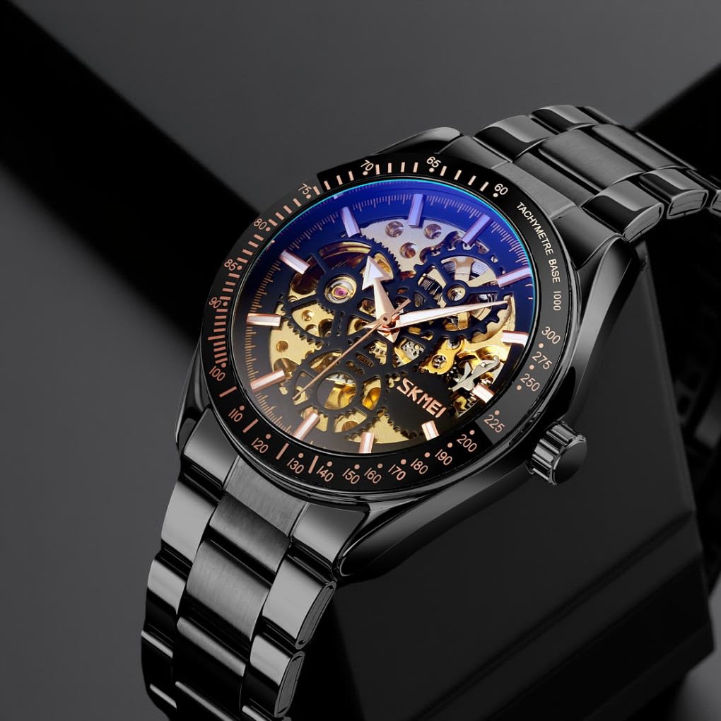 Luxury Skeleton Analog Wrist Watch with Metal Strap For Men