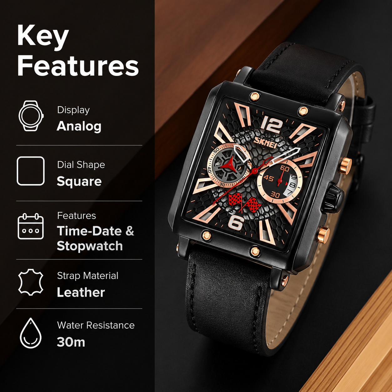Square Dial Analog Wrist Watch for men