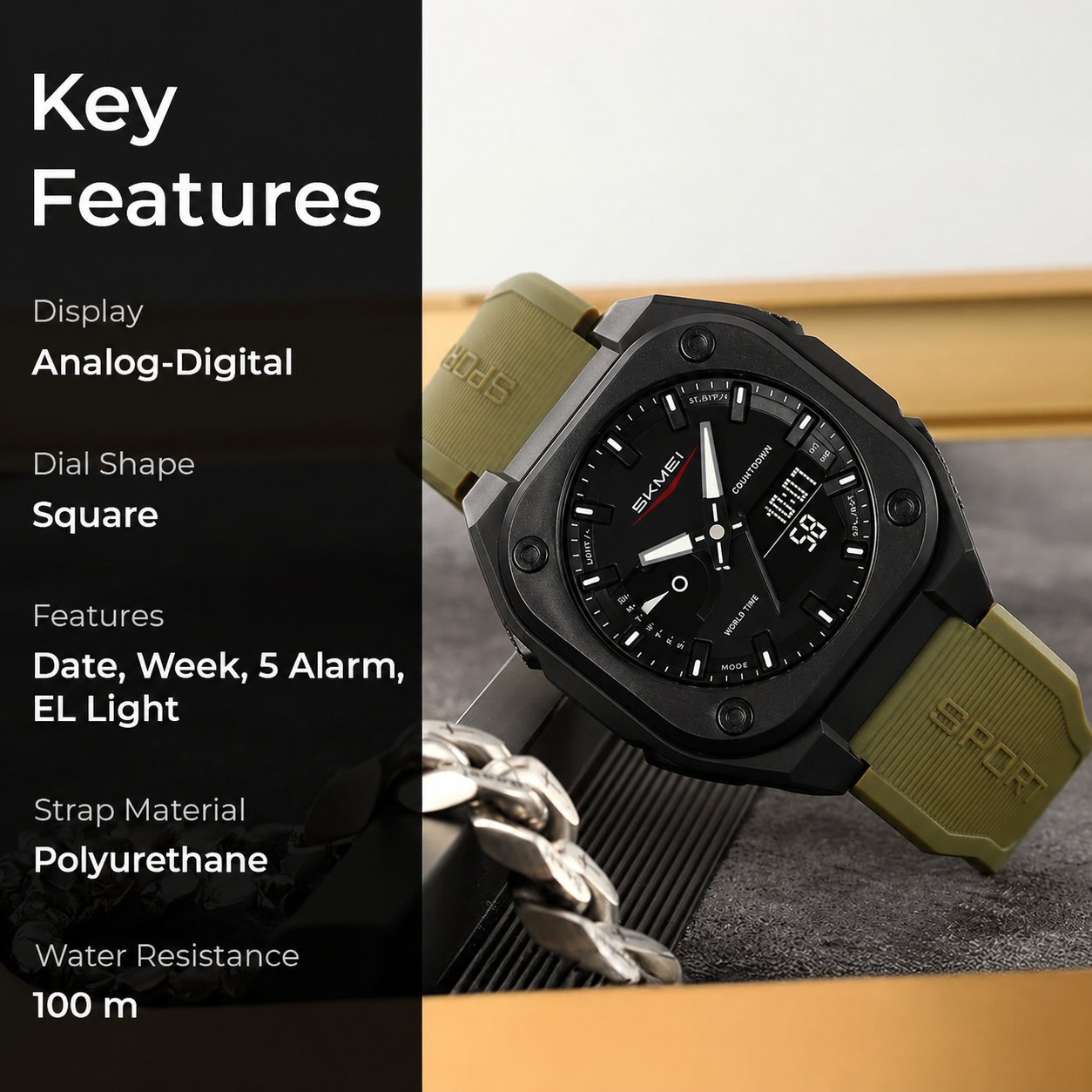 Rugged Analog Digital Sports Watch with Patterned Strap for men