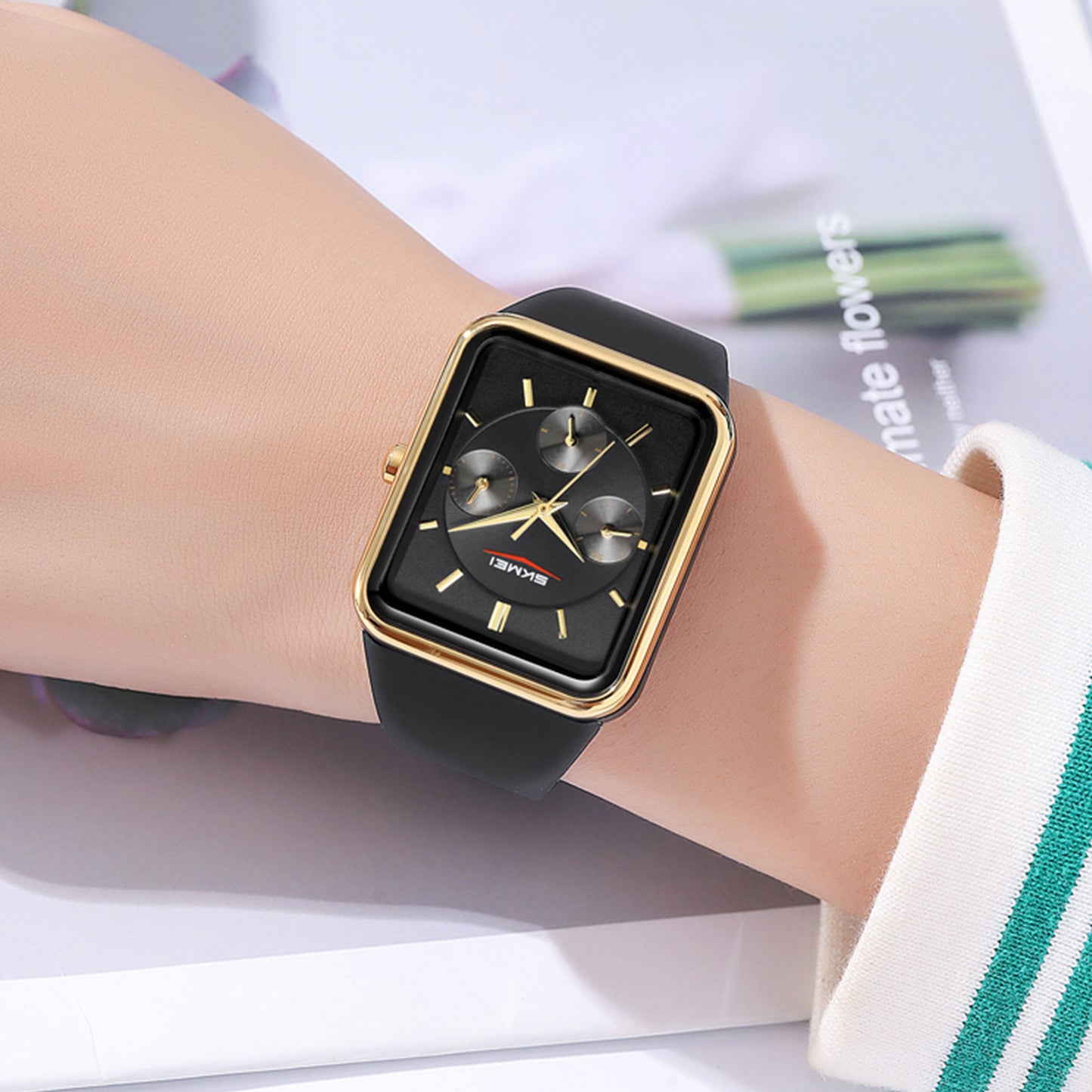 Skmei Analog Rectangle Black Dial ABS Case Silica Strap Watch for Women - 2323