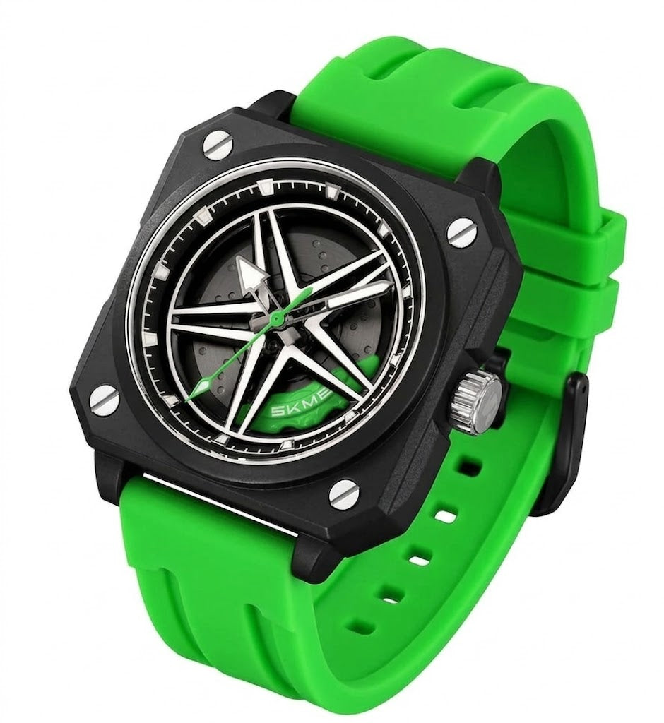 Silicone Men’s Analog Quartz Sports Watch Waterproof & Trendy Wheels Rolling Design