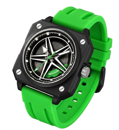 Silicone Men’s Analog Quartz Sports Watch Waterproof & Trendy Wheels Rolling Design