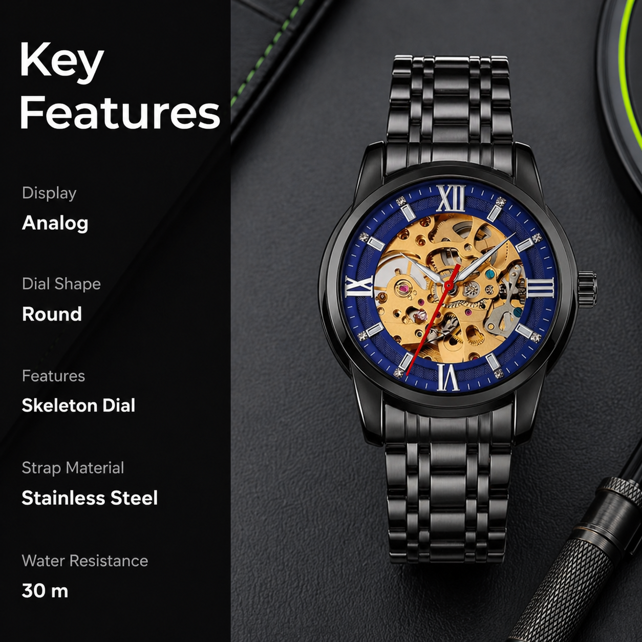 Luxury Skeleton Automatic Watch for Men Black Stainless Steel Strap, Blue Dial with Roman Numerals, Transparent Mechanical Design