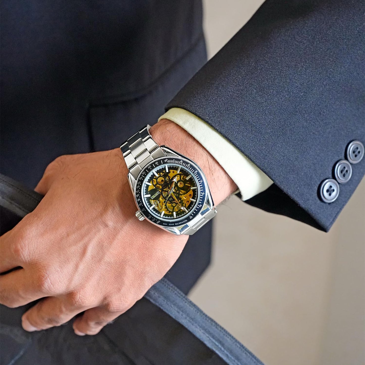 Luxury Skeleton Analog Wrist Watch with Metal Strap For Men