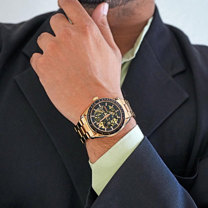 Luxury Skeleton Analog Wrist Watch with Metal Strap For Men