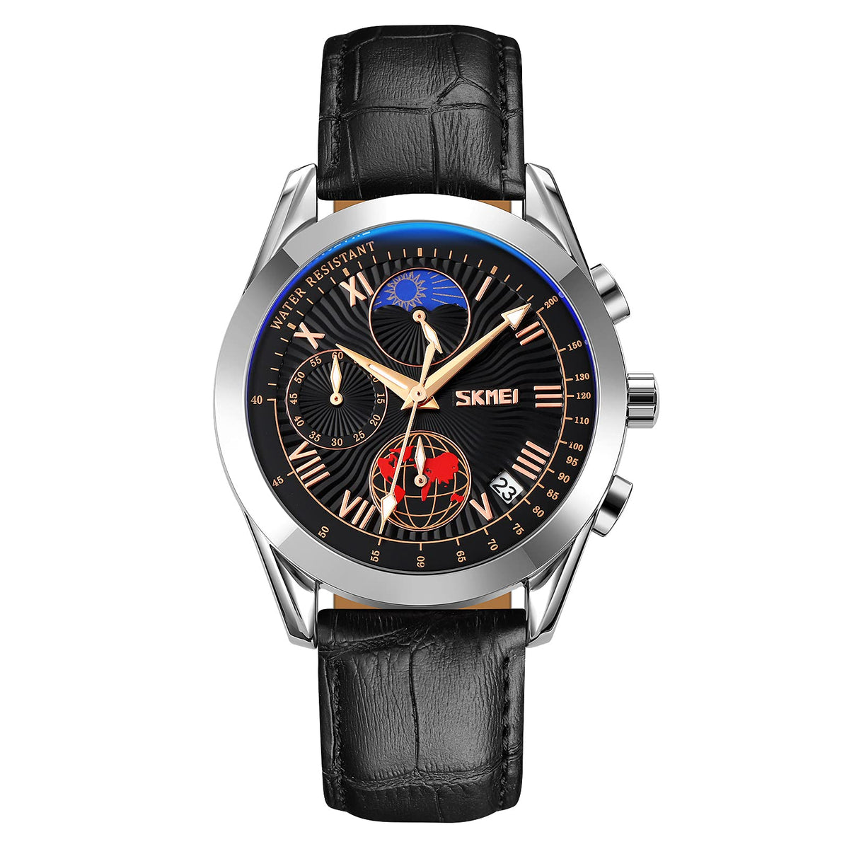 Analog Watch for Men with Silver - Black Leather Strap and Round Dial for Casual & Formal Wear