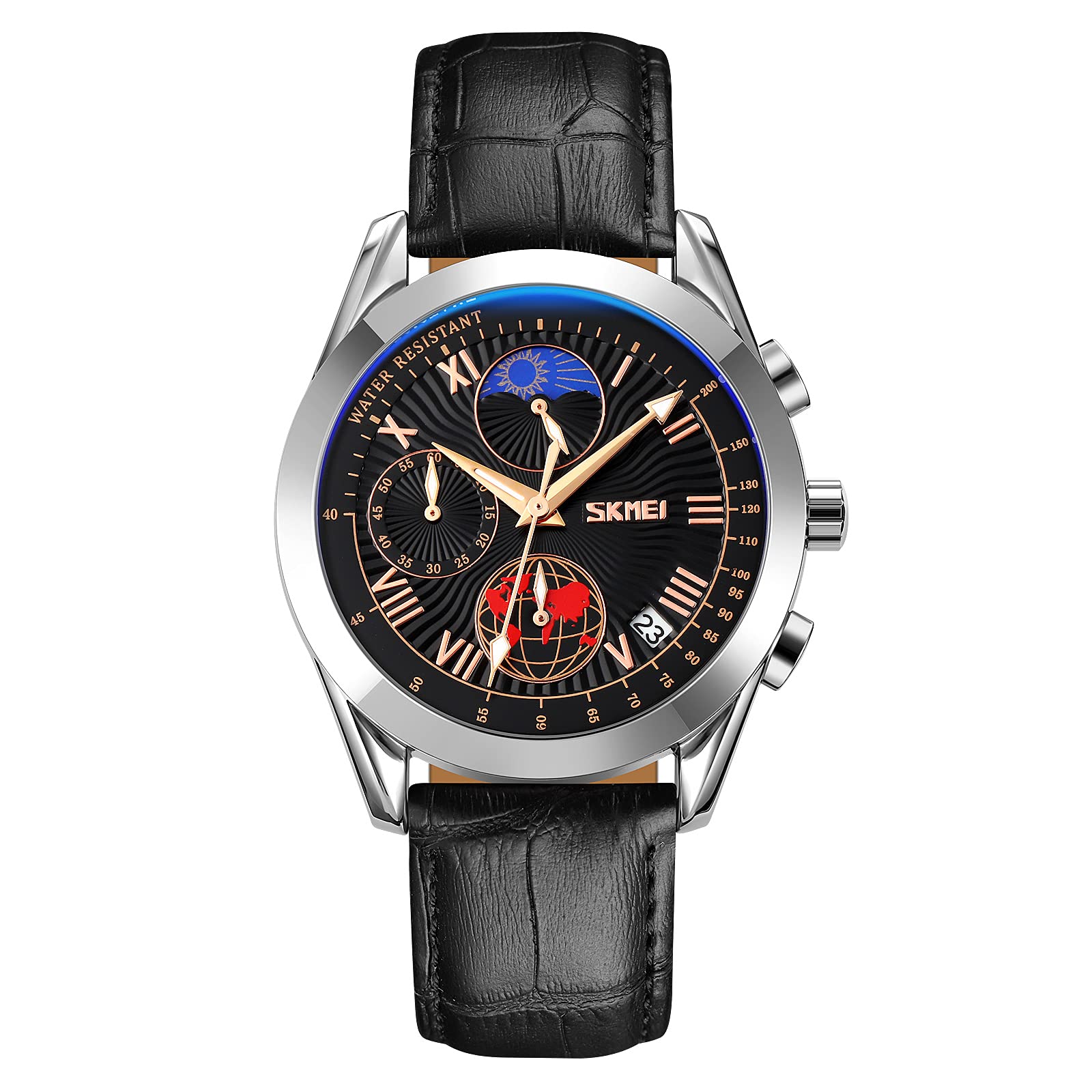 Analog Watch for Men with Silver - Black Leather Strap and Round Dial for Casual & Formal Wear