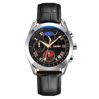 Elegant Analog Chronograph Wrist Watch with Leather Strap For Men