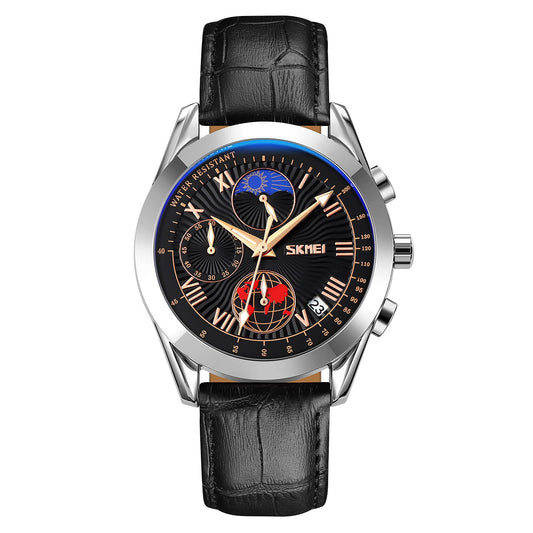Elegant Analog Chronograph Wrist Watch with Leather Strap For Men