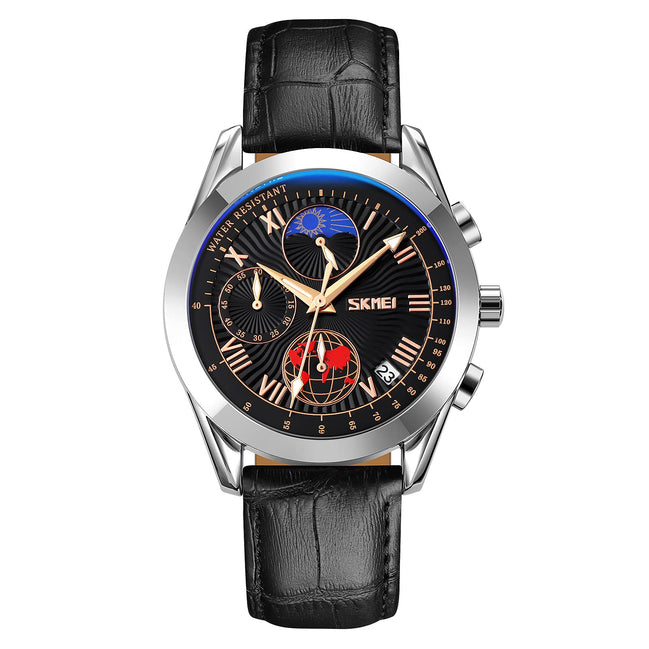 Analog Watch for Men with Silver - Black Leather Strap and Round Dial for Casual & Formal Wear