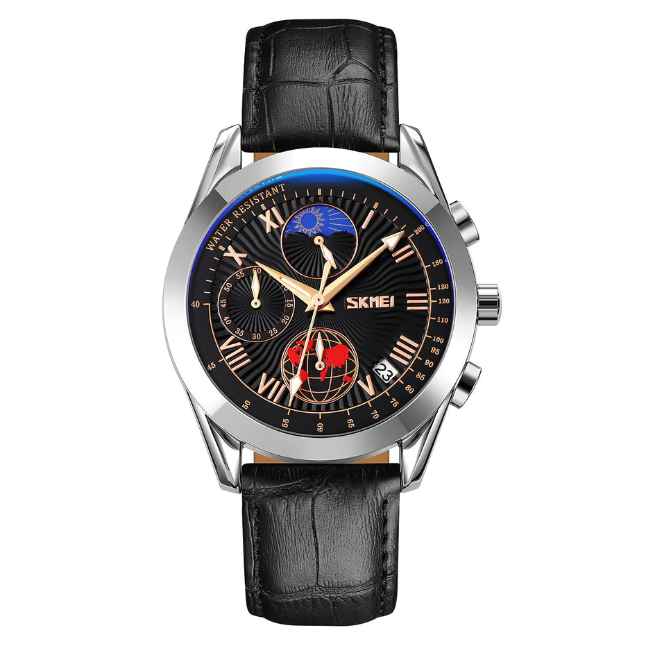 Analog Watch for Men with Silver - Black Leather Strap and Round Dial for Casual & Formal Wear