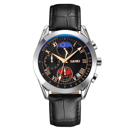 Analog Watch for Men with Silver - Black Leather Strap and Round Dial for Casual & Formal Wear