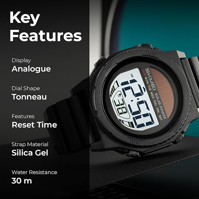 Skmei Solar Digital Black Dial ABS Case TPU Strap Watch for Men - 2358