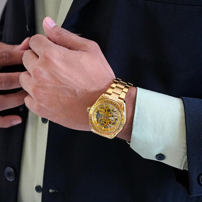 Luxury Skeleton Analog Wrist Watch with Metal Strap For Men