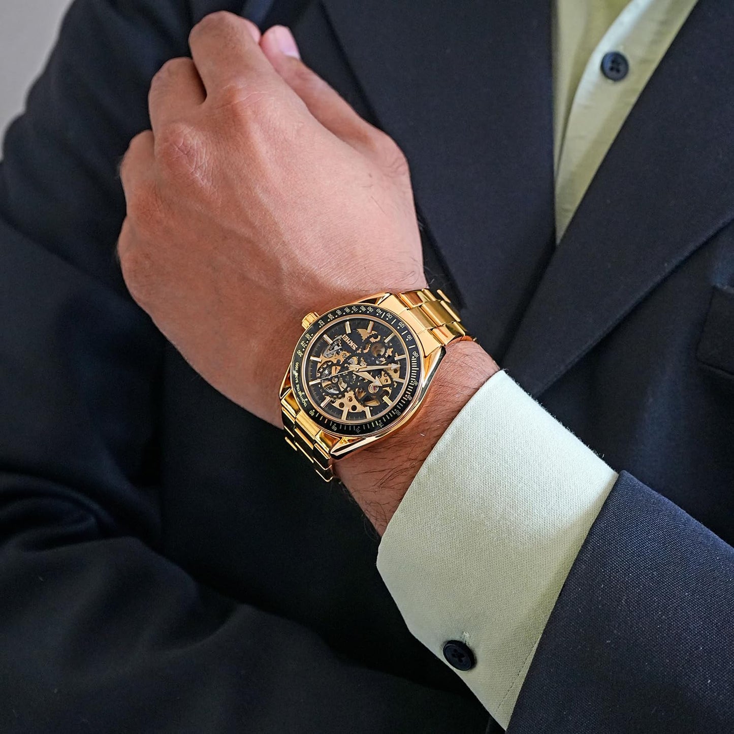 Luxury Skeleton Analog Wrist Watch with Metal Strap For Men