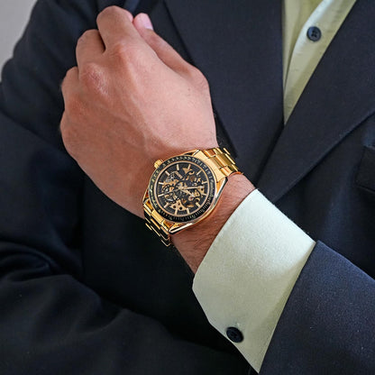Luxury Skeleton Analog Wrist Watch with Metal Strap For Men