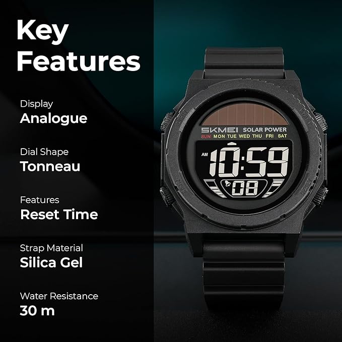 Skmei Solar Digital Black Dial ABS Case TPU Strap Watch for Men - 2358