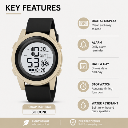 Rugged Digital Sports Wristwatch with Flexible Strap for men
